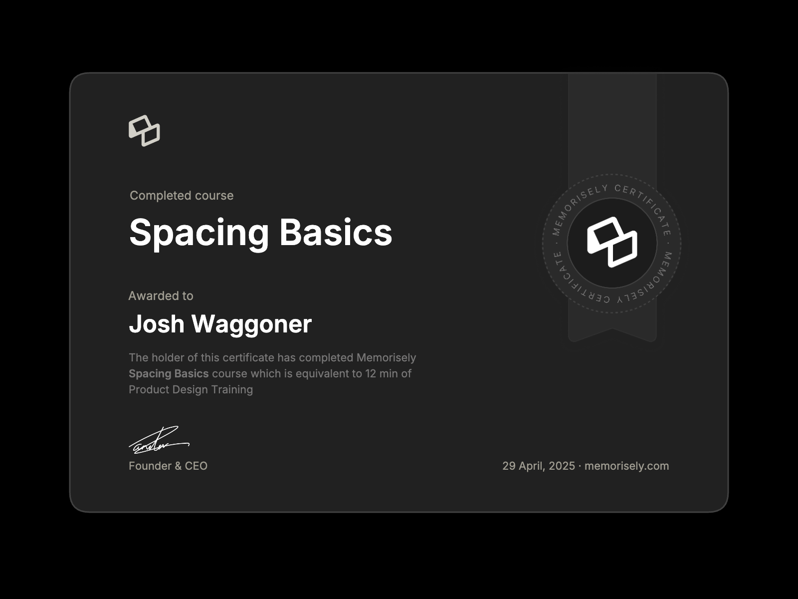 Memorisely Spacing Basics certificate