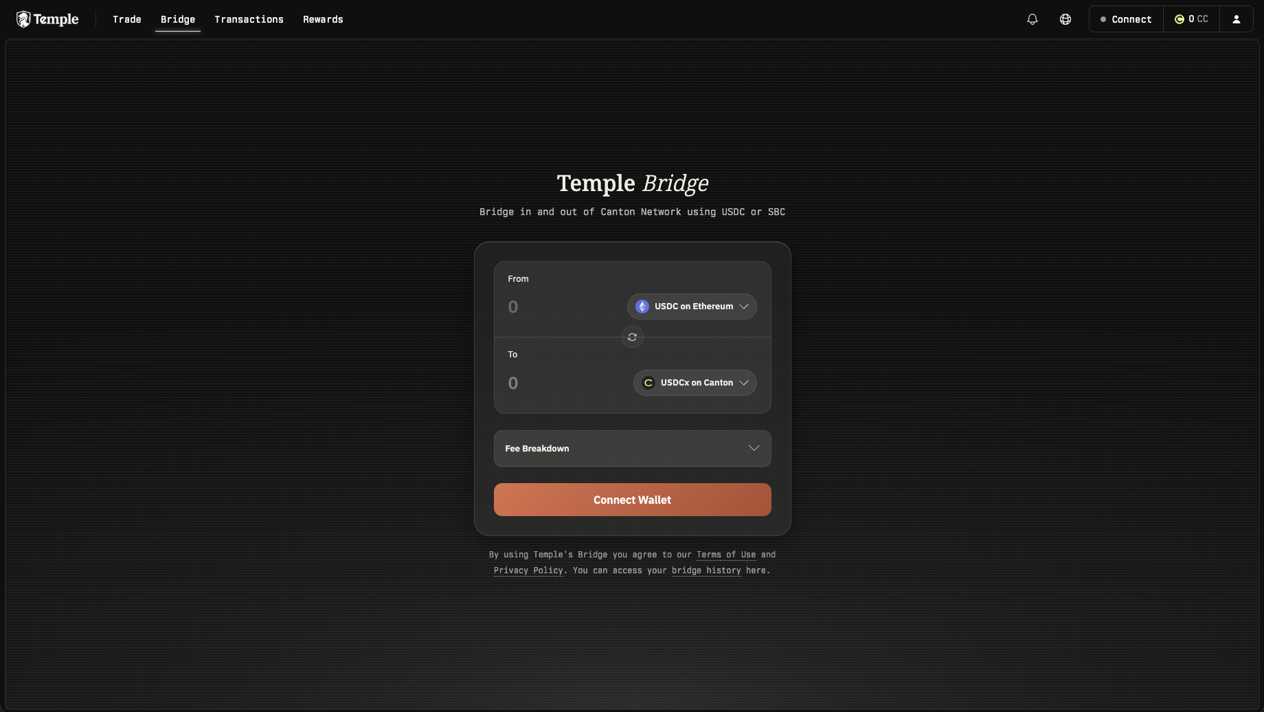 Temple Bridge interface for cross-chain transfers